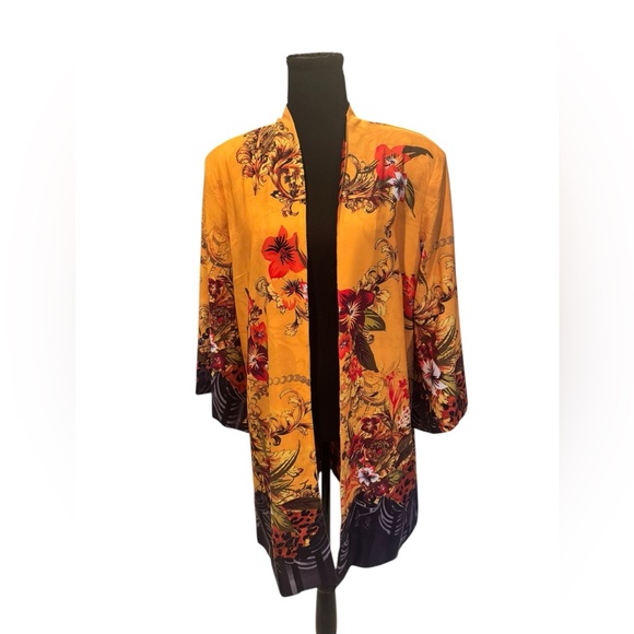 Reversible Floral Kimono Jacket Black & Yellow Baroque Boho Resort Cover Up M/L - Picture 4 of 9